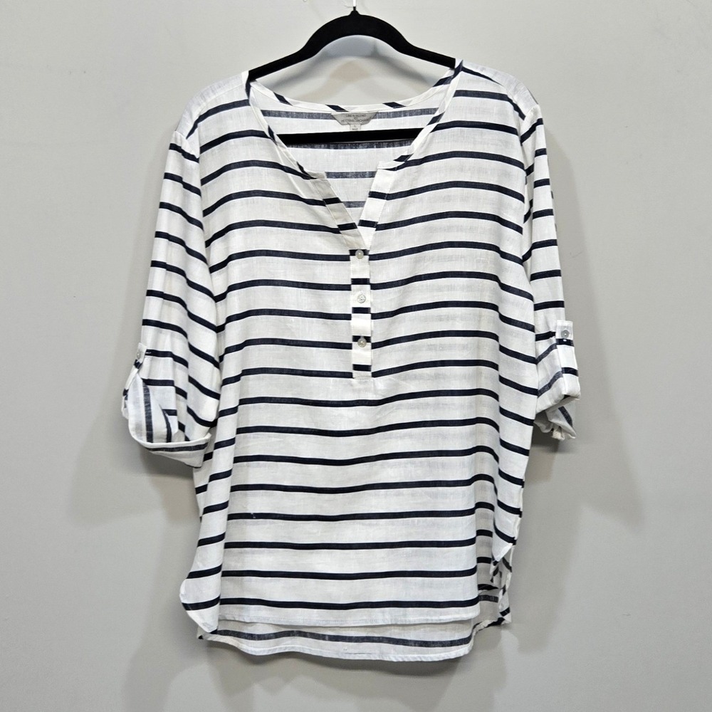 Linen Blend Stripe Shirt Top Women Large Coastal Grandma Nautical Split Neck Top